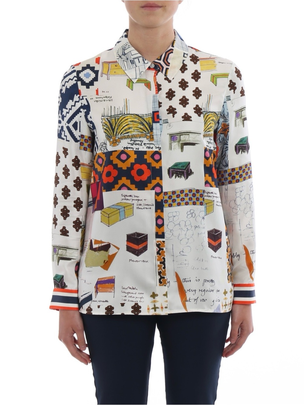 Tory Burch Sienna 100% Silk Twill Shirt in the "Scrapbook" multicolor print. 2.